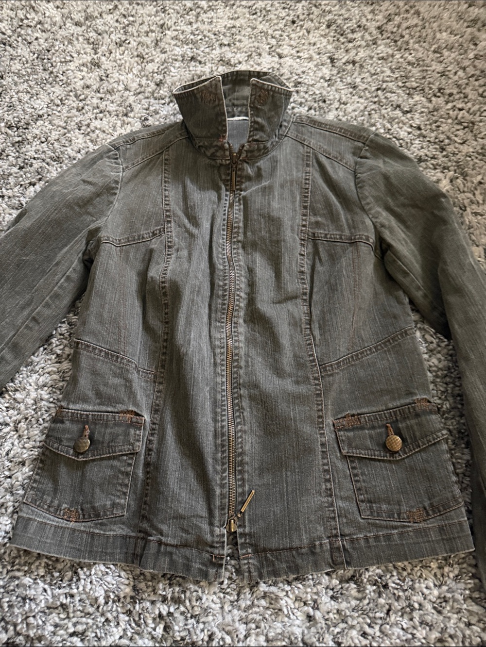Tribal Olive Denim Jacket with Stand Collar